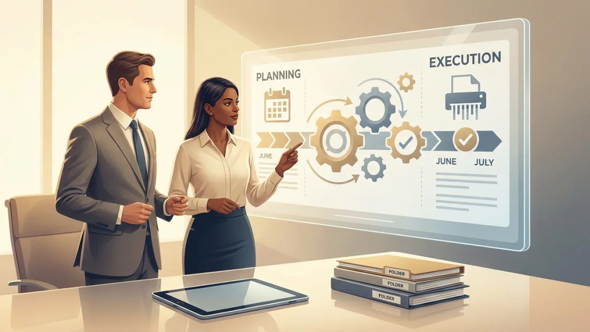 Professionals coordinating a timeline on a calendar for secure EOFY document destruction.