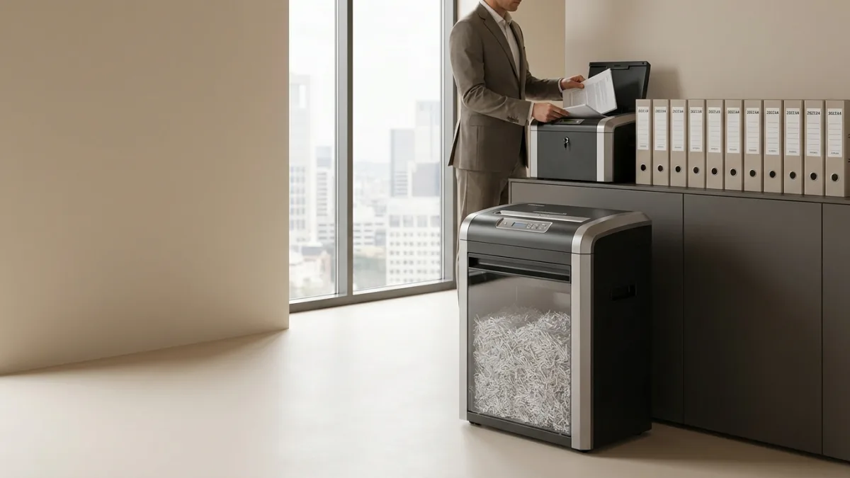 Professional office worker securely shredding confidential financial documents at the end of the year.